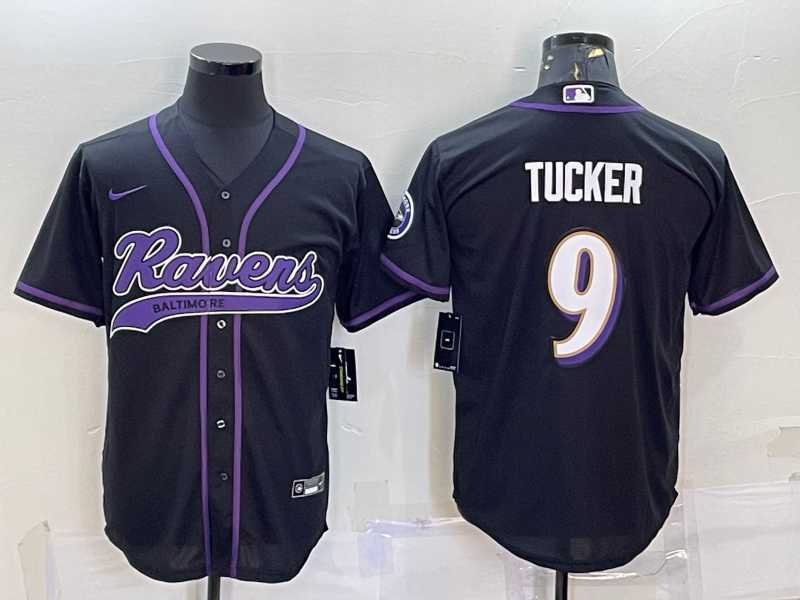 Mens Baltimore Ravens #9 Justin Tucker Black With Patch Cool Base Stitched Baseball Jersey